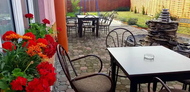 Terasa cu mese și mușcate roșii